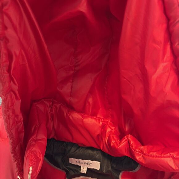 Nine West  Women L Winter Red Hooded Puffer Jacket Outerwear Gold Zippers NEW - Picture 14 of 14